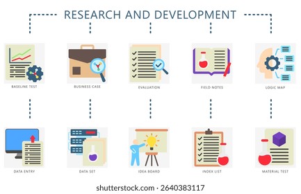 Research and development flat color icons. Contain test, business case, evaluation, notes, logic map, data set and more. Vector for construction UI, UX kit, digital, print, web and app development