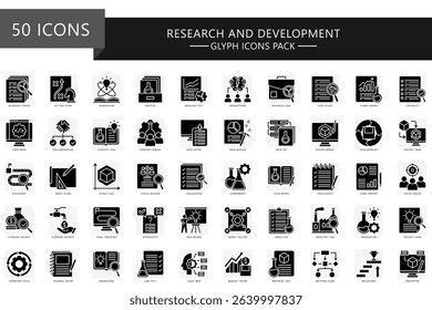 Research and development glyph icons set. contain experiment, evaluation, innovation, development, test and more. Vector EPS 10 for print, digital UI, UX kit, web and app, for education, industry.