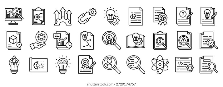 Research and Development icon collection. Containing design Market Research, Experimentation, Innovative, Development, Testing	