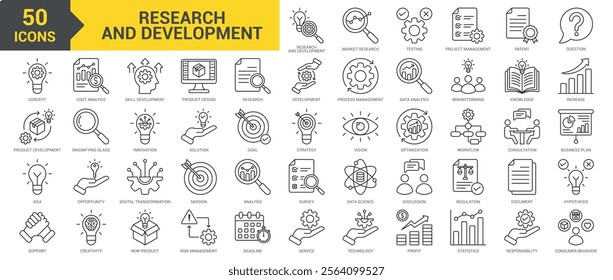 Research and Development icon collection set. Containing market research, testing, project management, patent, question, concept, product development, innovation, idea icon. Simple line vector