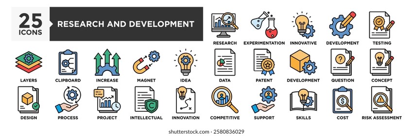 Research and Development icon collection set. Containing design Market Research, Experimentation, Innovative, Development, Testing