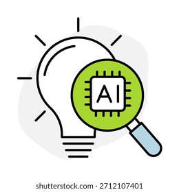 Icono de investigación y desarrollo, lupa - chip de IA, investigación basada en datos, desarrollo de Tecnología - soluciones innovadoras, símbolo de innovación, trazo editable.