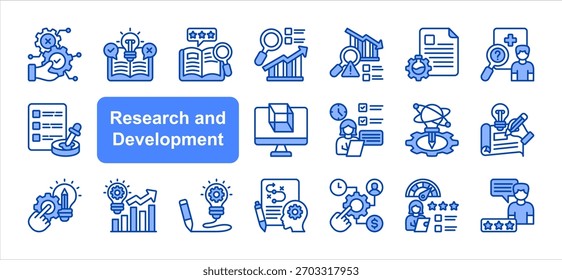 Research and development icon set with Feasibility studies, Market research, Risk analysis, Prototyping, Engineering design, Process improvement, Product lifecycle simple vector.
