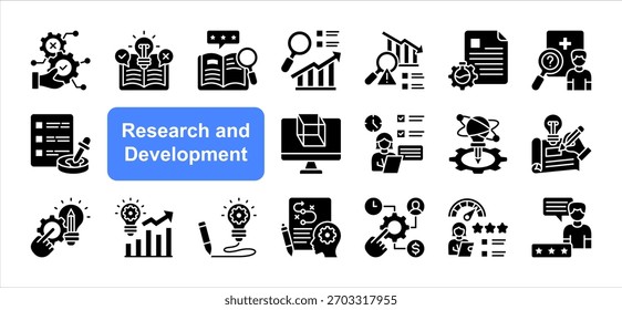 Research and development icon set with Feasibility studies, Market research, Risk analysis, Prototyping, Engineering design, Process improvement, Product lifecycle simple vector.
