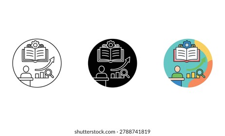 Research and development icon set with open book gears and magnifying glass over bar chart representing analytical study and innovative thinking in line art solid black and flat color designs