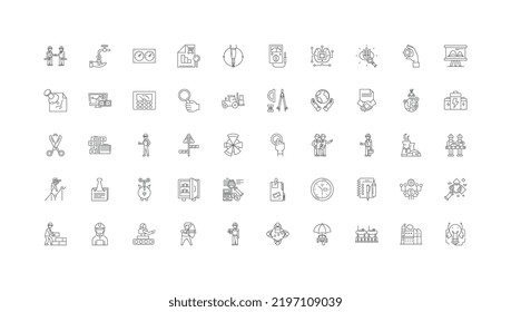 Ideas de investigación y desarrollo, iconos lineales, conjunto de señales de línea, colección de vectores