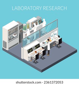 Research development isometric concept with engineers in scientific laboratory vector illustration