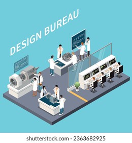 Research development isometric concept with engineers in design bureau vector illustration