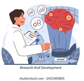 Research and Development in Ketamine Therapy. A scientist engages with neuroscientific breakthroughs, advancing ketamine's role in mental health treatment. Innovating for well-being. Flat vector.