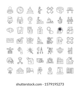 Research and development linear icons, signs, symbols vector line illustration set