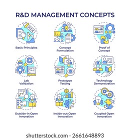 Iconos de concepto multicolor de gestión de investigación y desarrollo. Innovaciones para el crecimiento de la organización. Estrategia. Paquete de iconos. Imágenes vectoriales. Ilustraciones de forma redonda para poste de blog. idea Abstractas