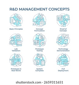 Research and development management soft blue concept icons. Innovations for organization growth. Strategy. Icon pack. Vector images. Round shape illustrations for blog post. Abstract idea