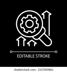 Research and development pixel perfect white linear icon for dark theme. Business improvement. Thin line illustration. Isolated symbol for night mode. Editable stroke. Arial font used