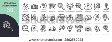Research development related icon collections. Includes research, innovation, idea, science, progress, experiment, data, test, and development icons. Outline icons.