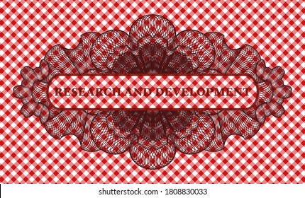 Research And Development text inside Guilloche red checkered tablecloth realistic badge. Restaurant handsome background. Illustration. 