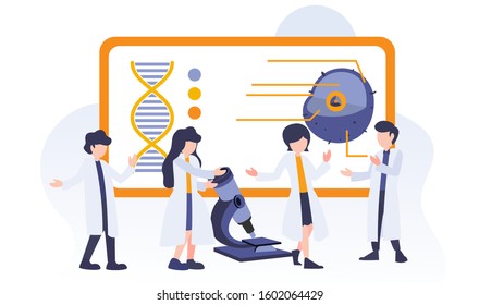 Research and development vector flat digital illustration. Scientist people working with microscope and DNA cell. Microbiology engineering with teamwork. Business metaphor for web and banner.