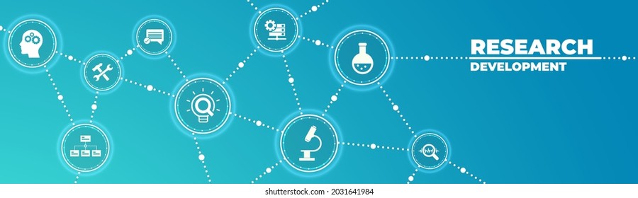 Research  development vector illustration. Concept with connected icons related to project management, product design or engineering, business development - Shutterstock ID 2031641984