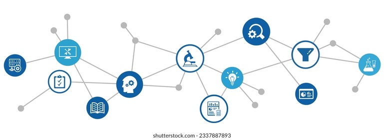 Research  development vector illustration. Concept with connected icons related to project management, product design or engineering, business development, r d process using technology, engineering.