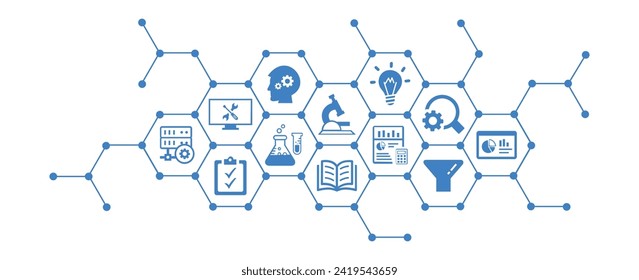 Research development vector illustration. Concept with connected icons related to project management, product design or engineering, business development, r d process using technology, engineering.