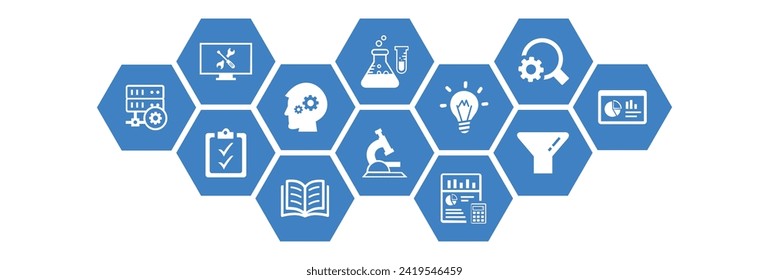 Research development vector illustration. Concept with connected icons related to project management, product design or engineering, business development, r d process using technology, engineering.