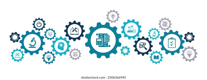 Research  development vector illustration. Concept with connected icons related to project management, product design or engineering, business development, r-d process using technology, engineering.