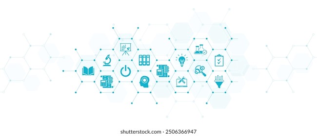 Ilustración vectorial de investigación y desarrollo. Concepto con iconos conectados relacionados con la gestión de proyectos, diseño de productos o ingeniería, desarrollo de negocios, procesos de I-D utilizando tecnología, ingeniería.