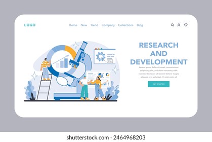 Research and Development web or landing page. Pioneering data analysis and experimentation. Collaborative innovation for growth. Technological advancements in focus. Flat vector illustration.