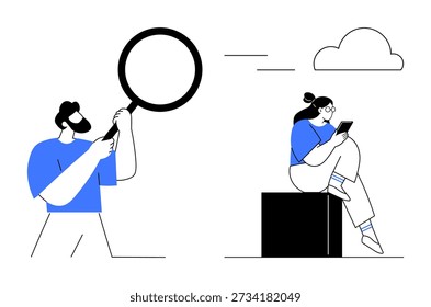 Pesquisa, análise digital, comunicação online, pesquisa de dados, tecnologia móvel, exploração. Um homem segura uma lupa enquanto uma mulher se senta usando um smartphone. Pesquisa e análise digital