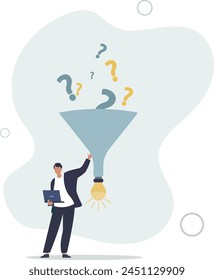 research or discover new idea, creativity to answer questions, smart businessman with funnel or filter.flat vector illustration.
