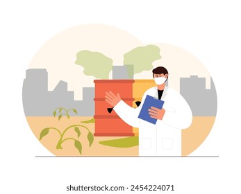 Research disposal of radioactive gas waste causes environmental damage, vector illustration.