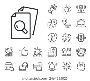 Research documents sign. Place location, technology and smart speaker outline icons. Inspect line icon. Search file symbol. Inspect line sign. Influencer, brand ambassador icon. Vector