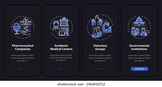 Research donation onboarding mobile app page screen with concepts. Pharma company, voluntary walkthrough 4 steps graphic instructions. UI, UX, GUI vector template with linear night mode illustrations