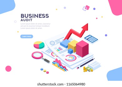 Research of engineering financial audit. Business examiner of documents. Isometric report, consultant account administration at consult meeting for accounting. Flat Isometric illustration vector.