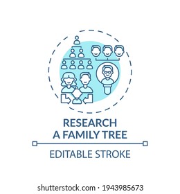 Research A Family Tree Concept Icon. Family Bonding Tips. Getting New Information About Relatives. Family Data Idea Thin Line Illustration. Vector Isolated Outline RGB Color Drawing. Editable Stroke