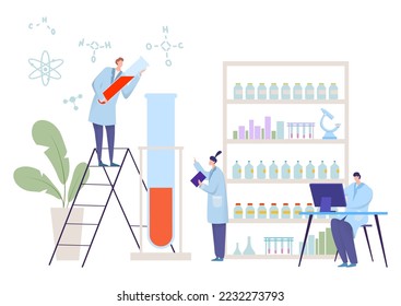 Research fellow people together work laboratory, tiny character scientific employee flat vector illustration, isolated on white.