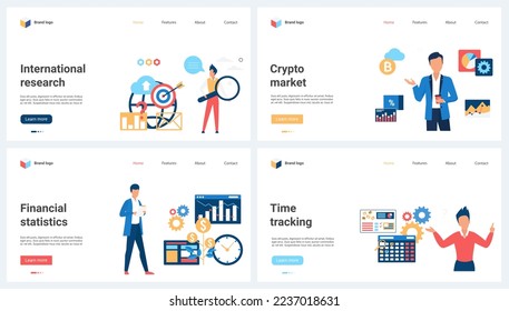 Research of financial statistics of crypto market, time management and analytics of international business set vector illustration. Cartoon tiny people work on tracking and analyzing charts of fintech