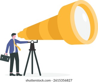 Research Find investment information. Business investor looking through telescope for information

