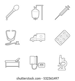 Research and first aid icons set. Outline illustration of 9 research and first aid vector icons for web