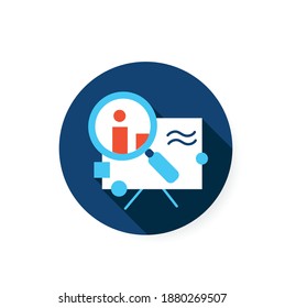 Icono plano de investigación. Ampliador sobre el signo de datos. Concepto de diseño de proyectos, análisis de productos y elección de soluciones técnicas. Ilustración de vector de color con sombra para la industria web y creativa
