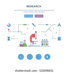 Research. Flat line business website banner template. Modern thin line icons. Illustration concept for web banners and promotional materials.