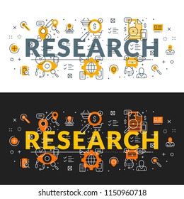 Research. Flat line illustration concept for web banner and printed materials. Vector illustration in 2 different color styles.