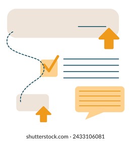 Research flow with check mark and speech bubbles. Vector illustration in flat style with research theme. Editable vector illustration.