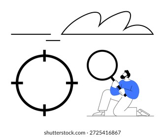 Forschung, Fokussierung, Analyse, Zielsetzung, Entdeckung, Erforschung. Eine Person, die eine Lupe nahe einem Ziel und einer Wolke kniet und hält. Forschung und Fokuskonzept im modernen Grafikstil