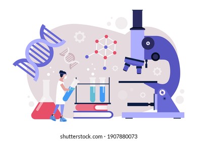 Research, genetics, science concept. Young woman works with molecule. Colorful flat vector illustration