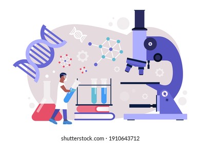 Research, genetics, science concept. Young man works with molecule. Colorful flat vector illustration