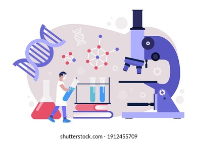 Research, genetics, science concept. Young man works with molecule. Colorful flat vector illustration