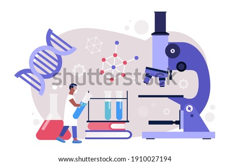 Research, genetics, science concept. Young man works with molecule. Colorful flat vector illustration