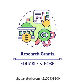 Research grants concept icon. Small business financial support type abstract idea thin line illustration. Isolated outline drawing. Editable stroke. Arial, Myriad Pro-Bold fonts used