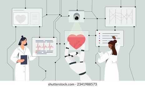 Investigación con ayuda del concepto de IA. Inteligencia artificial y aprendizaje automático. Mujeres con estadísticas de análisis de brazo robótico. Asistente virtual y ayudante. Dibujo vectorial plano de dibujos animados