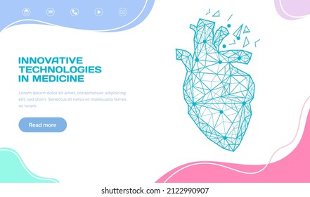 Research of human body, innovative technologies in medicine concept. Anatomy, diagnostics of organ systems. Anatomical heart modern 3D volumetric image for website. Template of medical web page